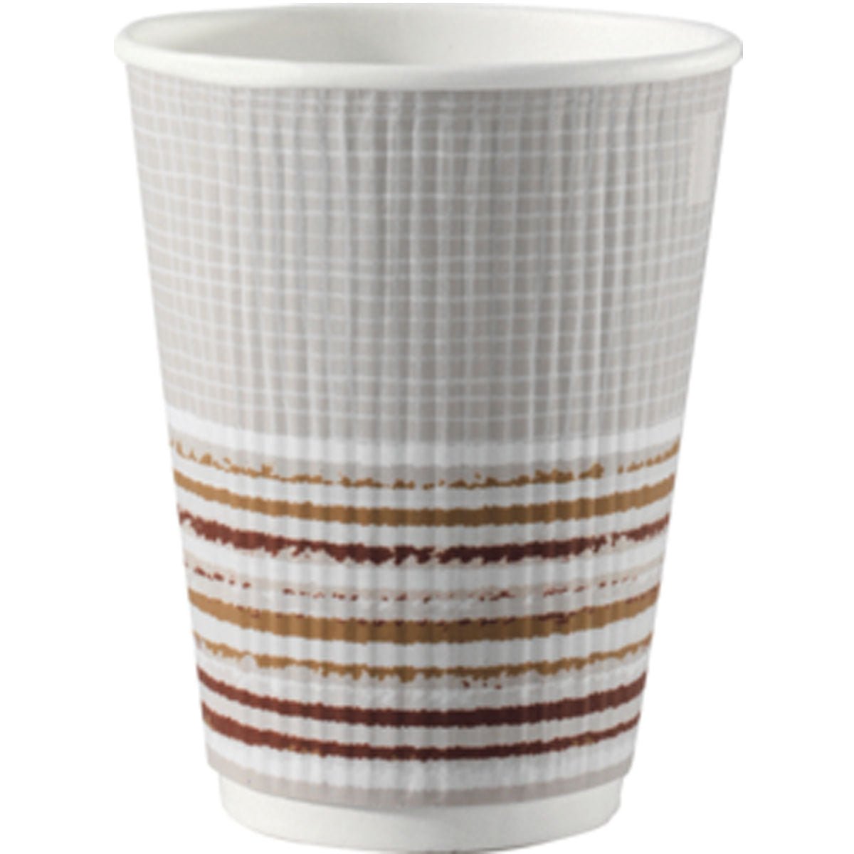 Den Triple Wall Stripe termokop 350 ml fra Duni GmbH lavet af PAP/PLA er hvid med struktureret overflade og brun-beige-røde striber i bunden. Den miljøvenlige 30-pak blev fotograferet foran en enkel hvid baggrund.