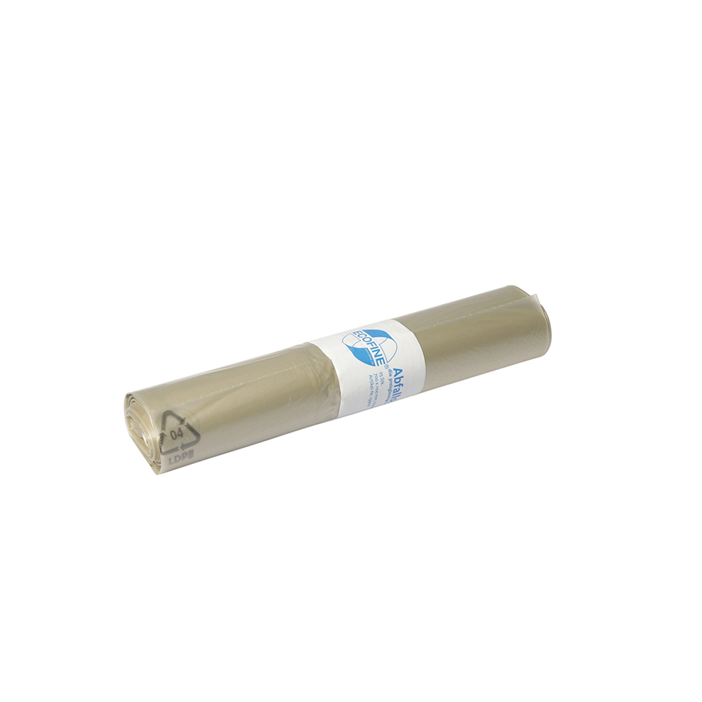 Abgebildet ist eine Rolle DEISS ECOFINE® Abfallsäcke 13900 aus Recycling-LDPE/LLDPE 120 Liter der EMIL DEISS KG (GmbH + Co.), verpackt in einem weißen Etikett mit blauer Schrift und Grafik, auf weißem Grund.