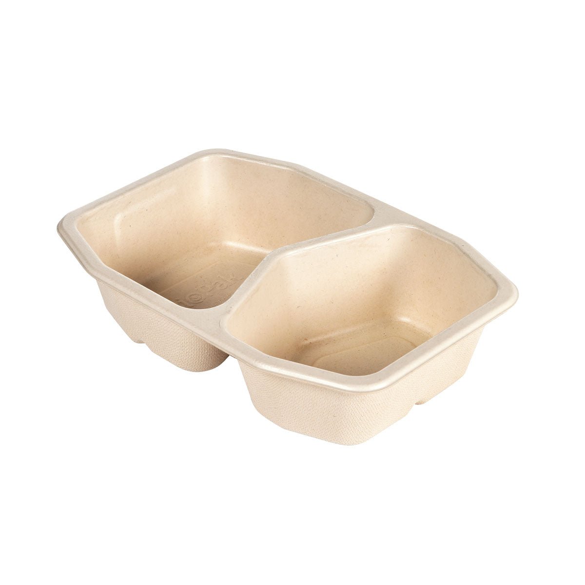 En beige HMR Fibretray/PLA 2-comp, 215x148x50 mm fra Duni GmbH lavet af belagt bagasse. Med to rum, skrå sider og afrundede hjørner for en bekvem servering af mad-miljøvenlig engangsemballage (Pakke: 320 stk.).
