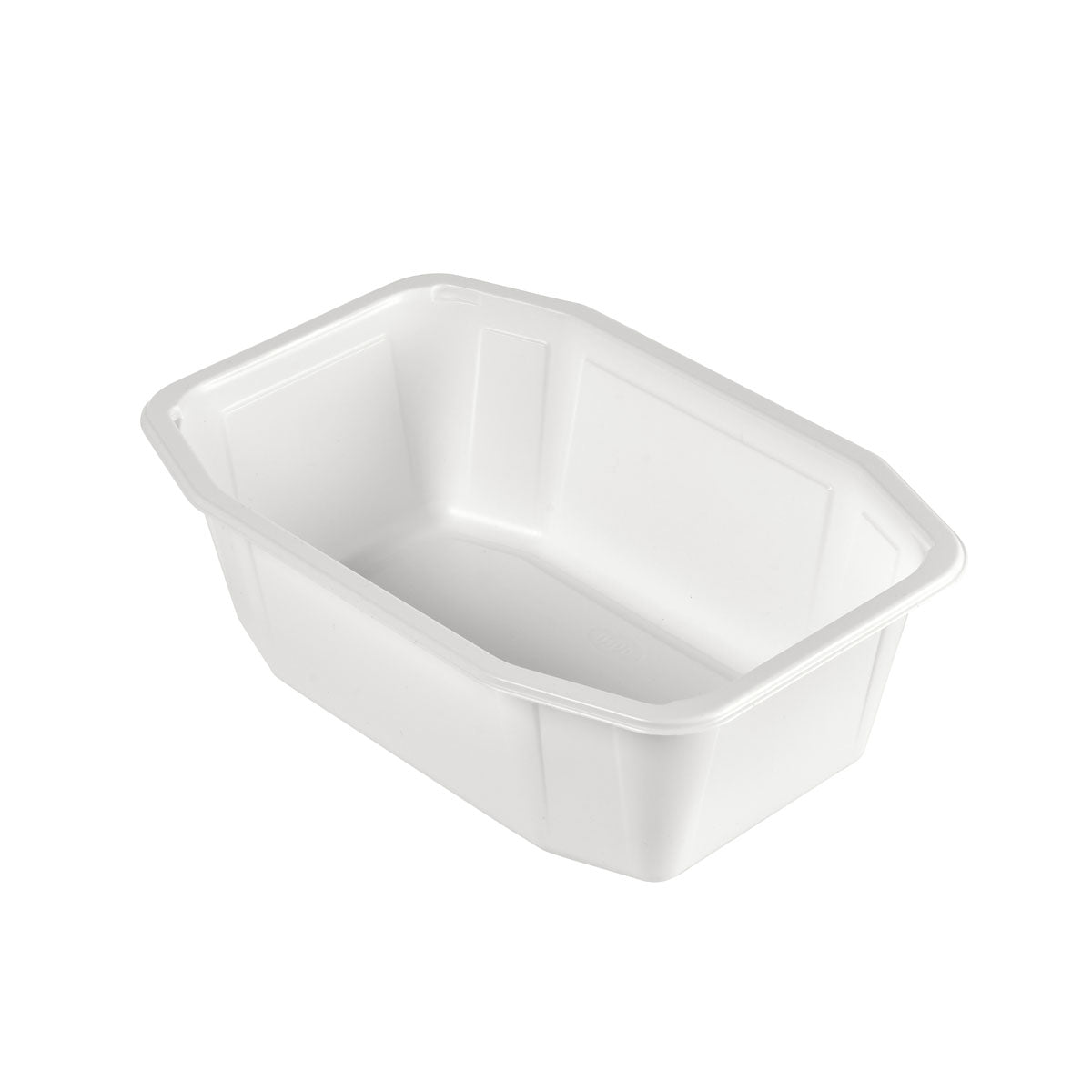 Die Duni GmbH PP-Schale HMR Weiß PP 215x148 ist ein schlichter, weißer, rechteckiger Lebensmittelbehälter aus Kunststoff mit leicht abgeschrägten Seiten und einem flachen Boden, abgebildet auf weißem Hintergrund.