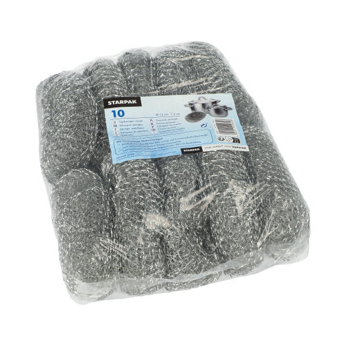 En pakke med 10 runde Starpak grydebørste skrubbepuder af sølvtråd pakket i plastik med en blå-hvid etiket med mærkenavnet "Starpak" og produktinformation.
