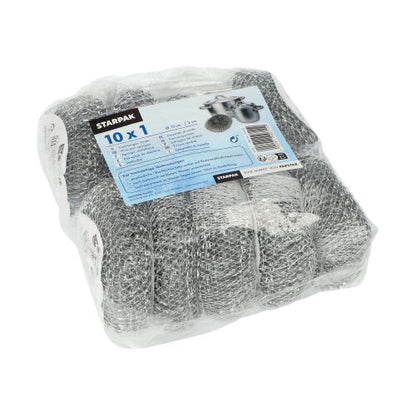 En Starpak grydesvamp pakket i plastik (rund tråd Ø 10 cm, 3 cm, skrubbende | net, 1 styk) med blå tekst og billeder af skuresvampe, ideel til grundig rengøring af køkkengrej med produktdetaljer på forsiden.