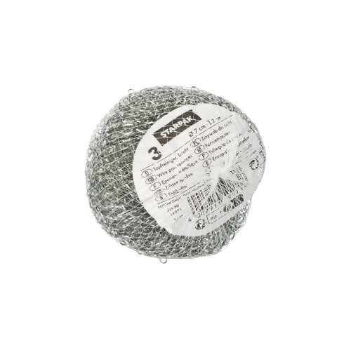 Starpak 3 grydesvampe (tråd Ø 7 cm · 2 cm, skrubbende | net, 3 stykker) er runde skuresvampe af metal med hvid informationsetiket, ideelle til grundig rengøring og skrubning af forskellige overflader.