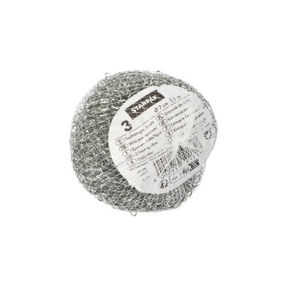 Starpak 3 grydesvampe (tråd Ø 7 cm · 2 cm, skrubbende | net, 3 stykker) er runde skuresvampe af metal med hvid informationsetiket, ideelle til grundig rengøring og skrubning af forskellige overflader.