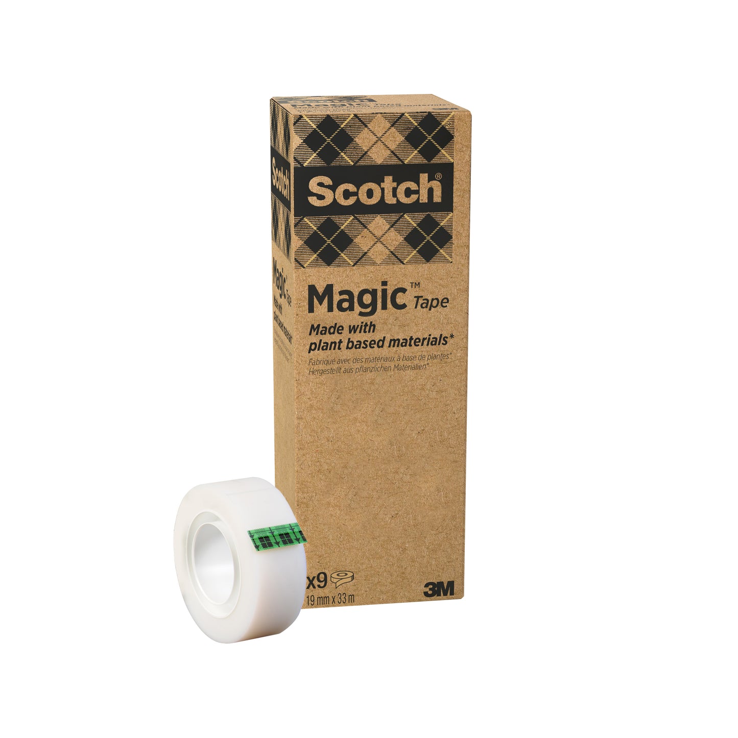 Eine Rolle Scotch® Magic™ Klebeband von 3M Deutschland GmbH (19 mm x 33 m, 9 Rollen/Packung), hergestellt mit 66 % pflanzlichem Klebstoff, ist ein zuverlässiges Bürobedarf-Essential.