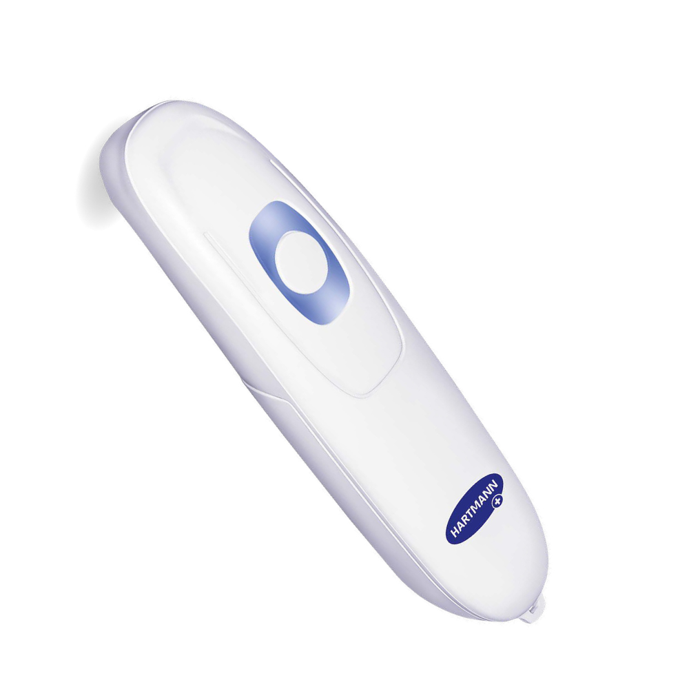 Digital insektstikbehandler med en enkelt knap og en bærbar skærm, isoleret på en hvid baggrund. - HARTMANN Insektstikbehandler | Pakke (1 stk) fra Paul Hartmann AG