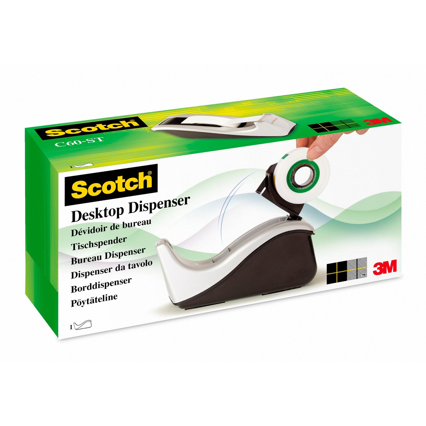 Ein Karton für den Scotch™ Klebeband-Abroller C60 + Scotch® Magic™ Unsichtbares Klebeband (19 mm x 33 mm) der 3M Deutschland GmbH zeigt eine Hand, die das Klebeband in den weiß-grauen Abroller einlegt, mit mehrsprachiger Beschriftung und einem 3M-Logo in der Ecke.