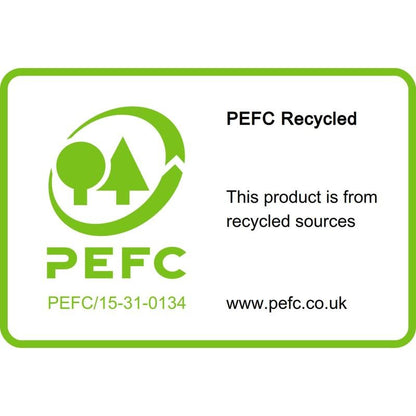 Et PEFC genbrugsmærkat med påskriften "Dette produkt stammer fra genbrugskilder" med PEFC-logoet, certifikatnummeret. PEFC/15-31-0134, og www.pefc.co.uk vises på 3M Post-it® genbrugssedler (38x51mm, 100 ark, 100% PEFC).