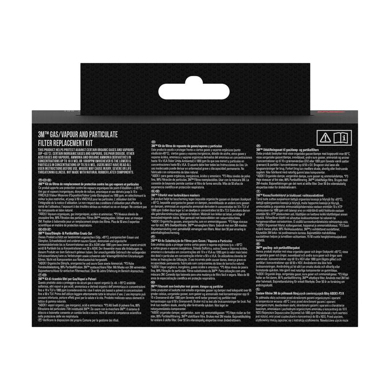 Bagsiden af 3M™ åndedrætsværn 6003KIT-1 fra 3M Deutschland GmbH viser på sort baggrund hvide flersprogede oplysninger om A2P3 organiske dampe beskyttelse og udskiftelige filtre til din maske.