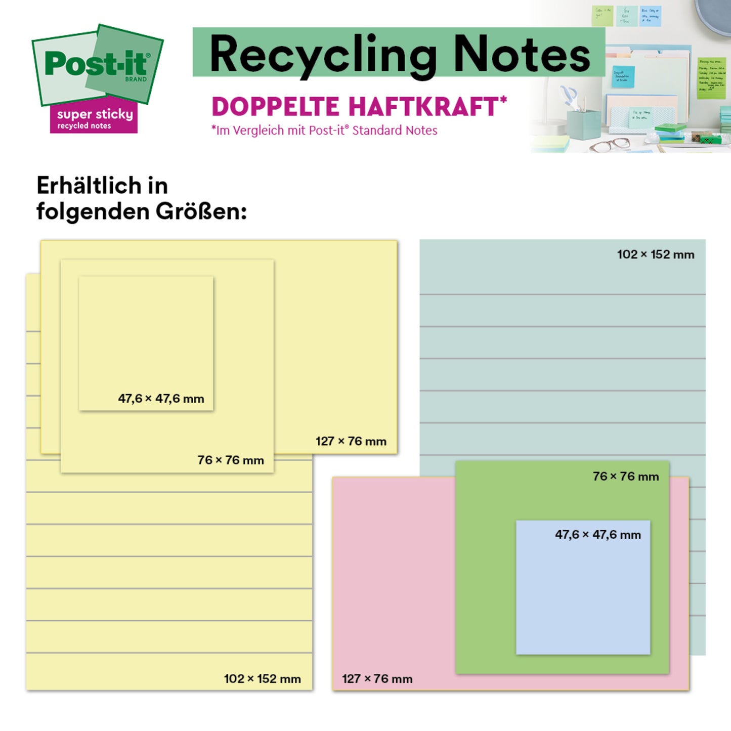 Eine Tabelle zeigt 3M Post-it® Super Sticky 100% Recycling Notes (76x76 mm, 70 Blatt pro Stück, PEFC-zertifiziert), wobei gelbe, blaue, pinke und grüne Optionen mit doppelter Klebekraft hervorgehoben werden.