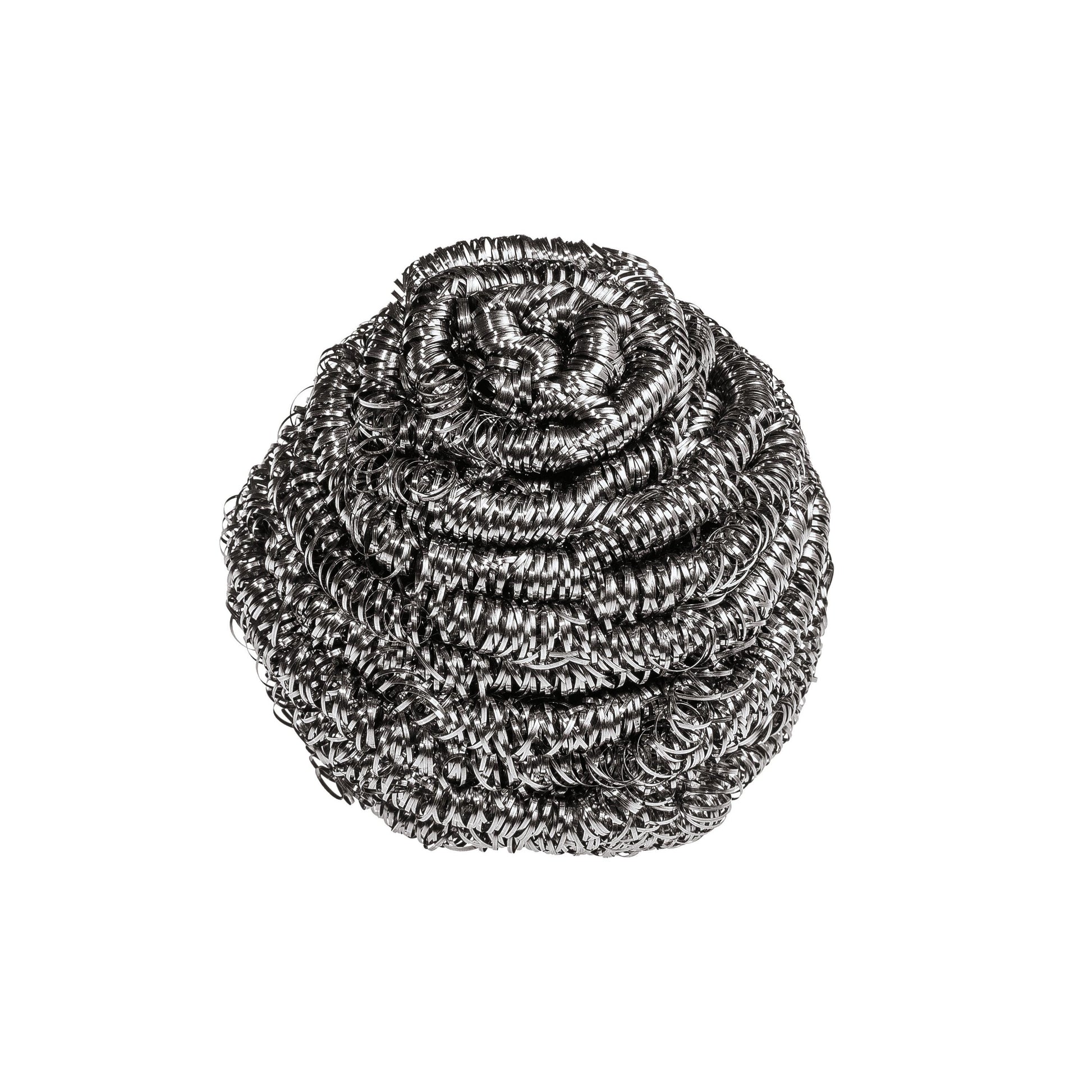 Die Scotch-Brite® Edelstahl-Spirale von 3M Deutschland GmbH (3 Stück pro Packung) aus silbernem Edelstahl mit gewundener Struktur eignet sich ideal für die Küchenreinigung und entfernt hartnäckige Verschmutzungen. Abgebildet vor weißem Hintergrund.