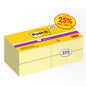 Eine Packung Post-it® Super Sticky Notes Würfel, Gelb, 76 mm x 76 mm der 3M Deutschland GmbH ist mit dem Aufkleber "25% Free/Gratis" versehen und enthält mehrere Stapel hellgelber Haftnotizen.