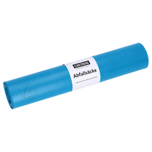 Eine Rolle DEISS 20017 blaue Müllsäcke (700x1100 mm, Typ 70, 25 Stück) von EMIL DEISS KG (GmbH + Co.), mit einem weiß-schwarzen "Abfallsäcke"-Etikett, ideal für die professionelle Abfallentsorgung, auf weißem Hintergrund.