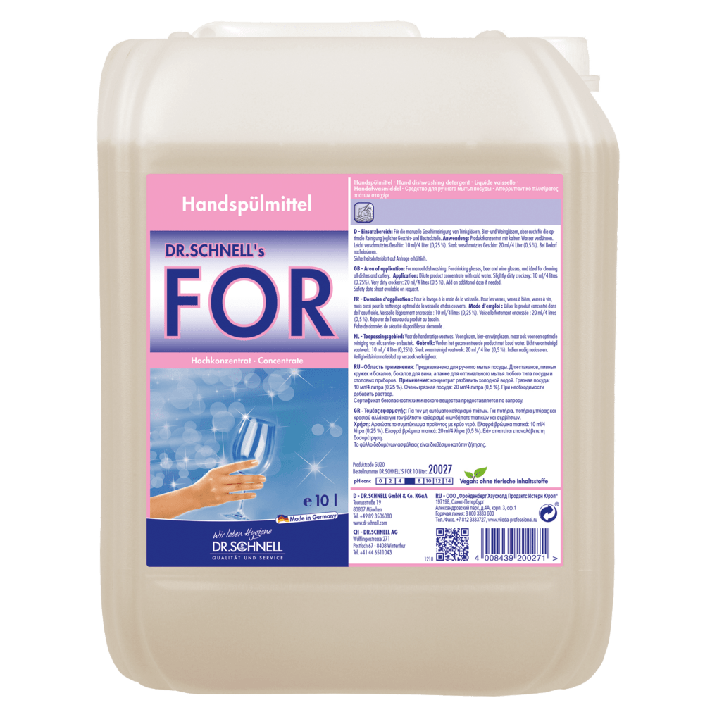 En 10-liters plastbeholder fra Dr. Schnell FOR håndopvaskemiddel fra DR.SCHNELL GmbH & Co. KGaA viser en lyserød-blå etiket med en hånd, der holder et rent vinglas, og en tysk produktinformation til opvask i gastronomien.
