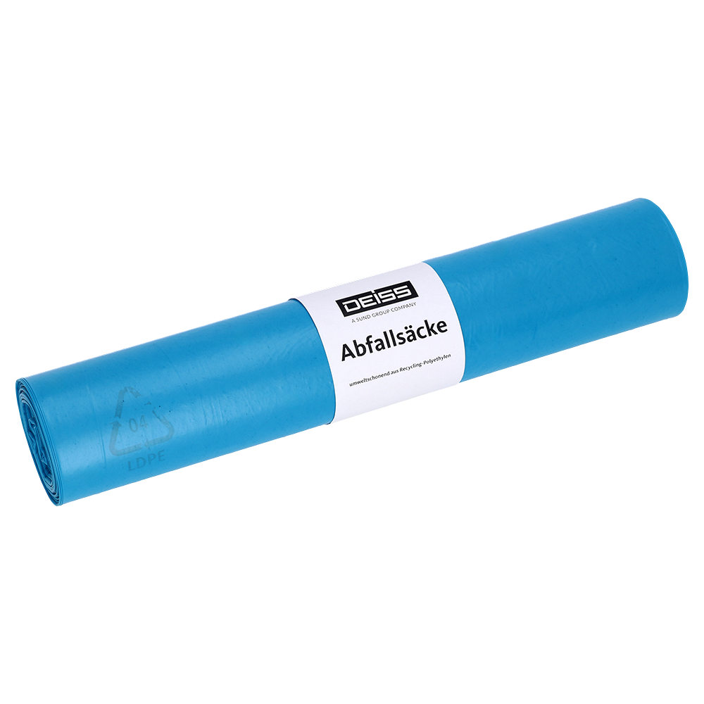 Ein gerolltes Bündel blauer EMIL DEISS KG Müllsäcke (Typ 60, 700x1100 mm) mit weißem Etikett mit der Aufschrift "DEISS" und "Abfallsäcke". Enthält 25 reißfeste Säcke für eine zuverlässige Abfallentsorgung. Produkt: DEISS 20070.