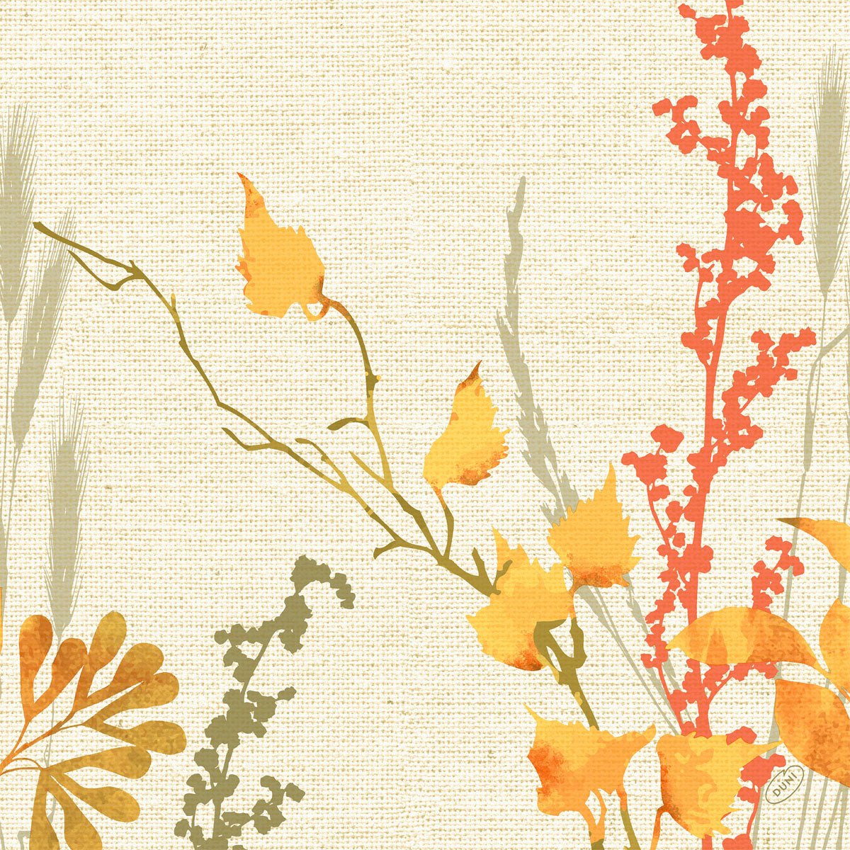 Servietterne 40x40 4-lags Klassik Fall Beauty fra Duni GmbH viser et akvarel botanisk design med gule, røde og grønne blade på en struktureret beige baggrund for et elegant look. Hver pakke indeholder 50 servietter af høj kvalitet.