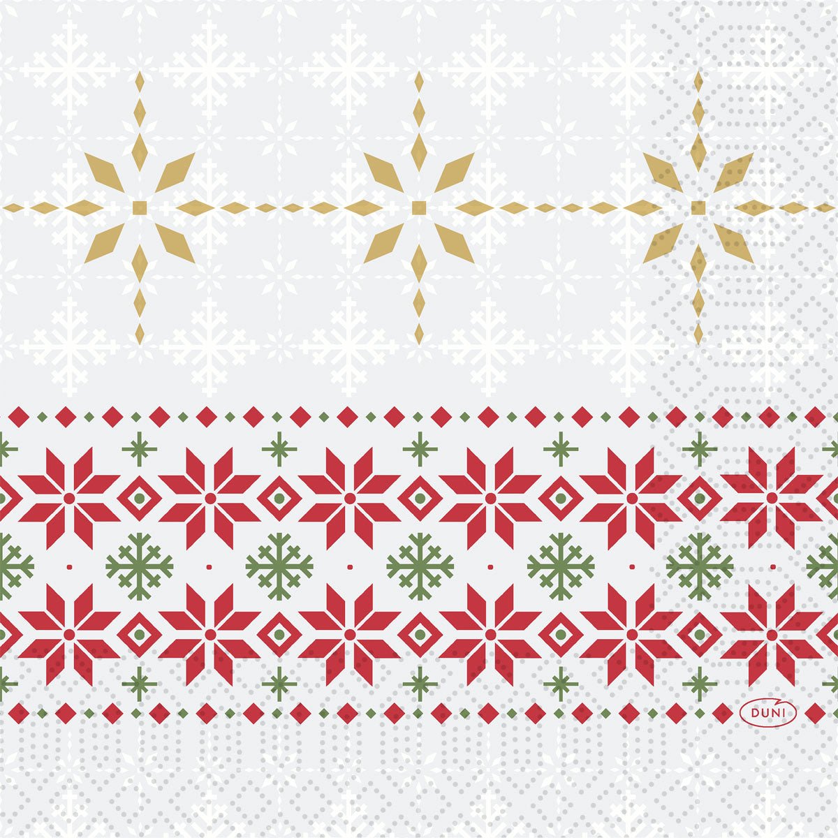 De servietter 33x33 3-lags 1/4 Tradition fra Duni GmbH viser gyldne, røde og grønne stjerner og snefnug i rækker på hvid, der minder om klassisk juledekoration. Pakken indeholder 50 stykker.