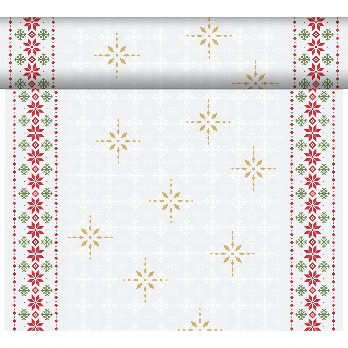Dunicel-Tete a Tete 0,4x24m fra Duni GmbH viser gyldne snefnug i midten, røde og grønne blomsterborter og en diskret hvid snefnugbaggrund - perfekt som en elegant bordløber eller borddekoration.