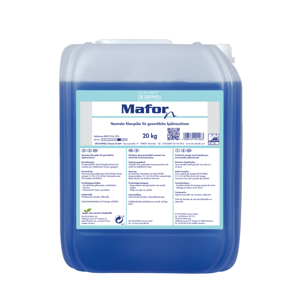En 20 kg plastbeholder Dr. Schnell MAFOR N 1 skyllemiddel til opvaskemaskiner fra DR.SCHNELL GmbH & Co. KGaA, blå væske, tysk etiket, til kommercielle opvaskemaskiner, sikrer stribefri glans på opvasken.