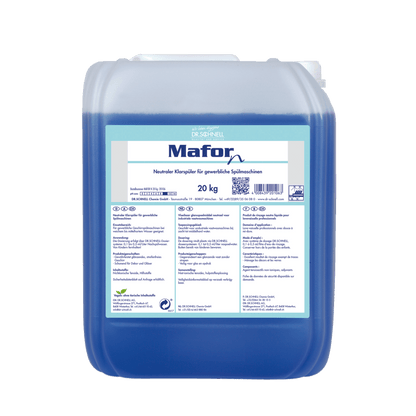 En 20 kg plastbeholder Dr. Schnell MAFOR N 1 skyllemiddel til opvaskemaskiner fra DR.SCHNELL GmbH & Co. KGaA, blå væske, tysk etiket, til kommercielle opvaskemaskiner, sikrer stribefri glans på opvasken.