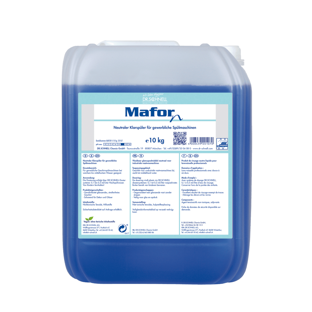 En 10 kg gennemsigtig plastbeholder fra Dr. Schnell MAFOR N 1 skyllemiddel til opvaskemaskiner fra DR.SCHNELL GmbH & Co. KGaA, fyldt med blå væske; frontetiket på tysk med angivelsen stribefri glans i kommercielle opvaskemaskiner.