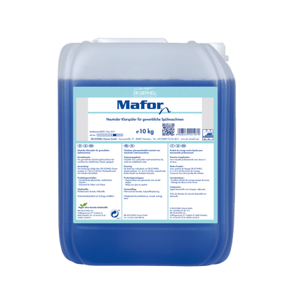 En 10 kg gennemsigtig plastbeholder fra Dr. Schnell MAFOR N 1 skyllemiddel til opvaskemaskiner fra DR.SCHNELL GmbH & Co. KGaA, fyldt med blå væske; frontetiket på tysk med angivelsen stribefri glans i kommercielle opvaskemaskiner.