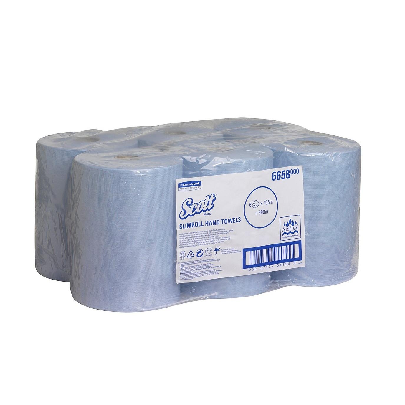 En pakke med seks Scott® Slimroll™ håndklæder fra Kimberly-Clark GmbH, pladsbesparende blå ruller i klar kunststofhylster med synlig produktetiket og stregkode på forsiden.