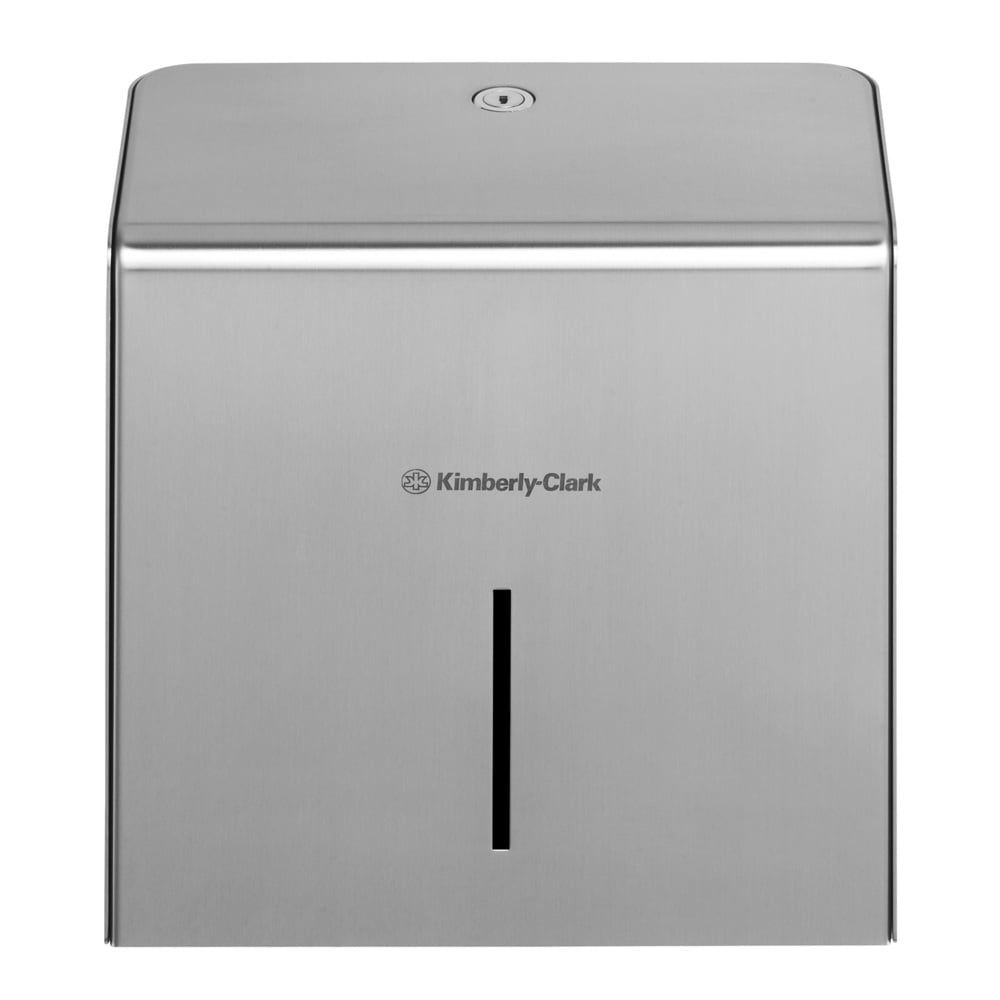 Der Kimberly-Clark Professional™ Mini Jumbo Toilettenpapierspender (Edelstahl) der Kimberly-Clark GmbH verfügt über ein robustes Edelstahldesign mit einem Sichtschlitz und einem Schlüsselloch an der Oberseite für einen einfachen Zugang und bietet sowohl Stil als auch Funktionalität.