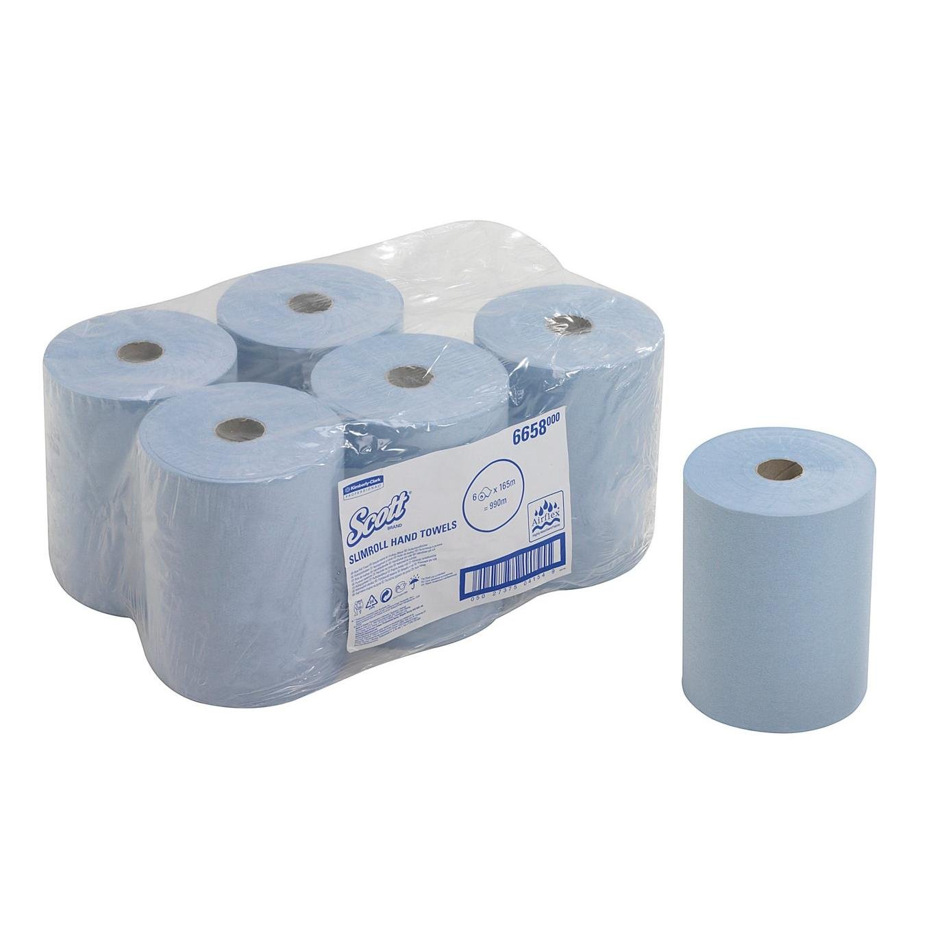 Afbildet er en pakke i plast med seks blå Scott® Slimroll™ håndklæder fra Kimberly-Clark GmbH, med en ekstra rulle på højre side. Etiketten indeholder produktoplysninger om denne pladsbesparende håndklædeløsning.