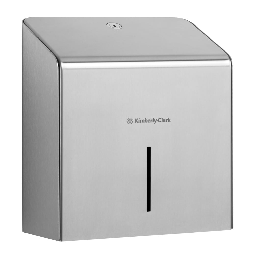 Kimberly-Clark Professional™ Mini Jumbo toiletpapirholder i rustfrit stål har en skrånende top og et vertikalt vindue, der står foran en enkel hvid baggrund. Mærke: Kimberly-Clark GmbH.