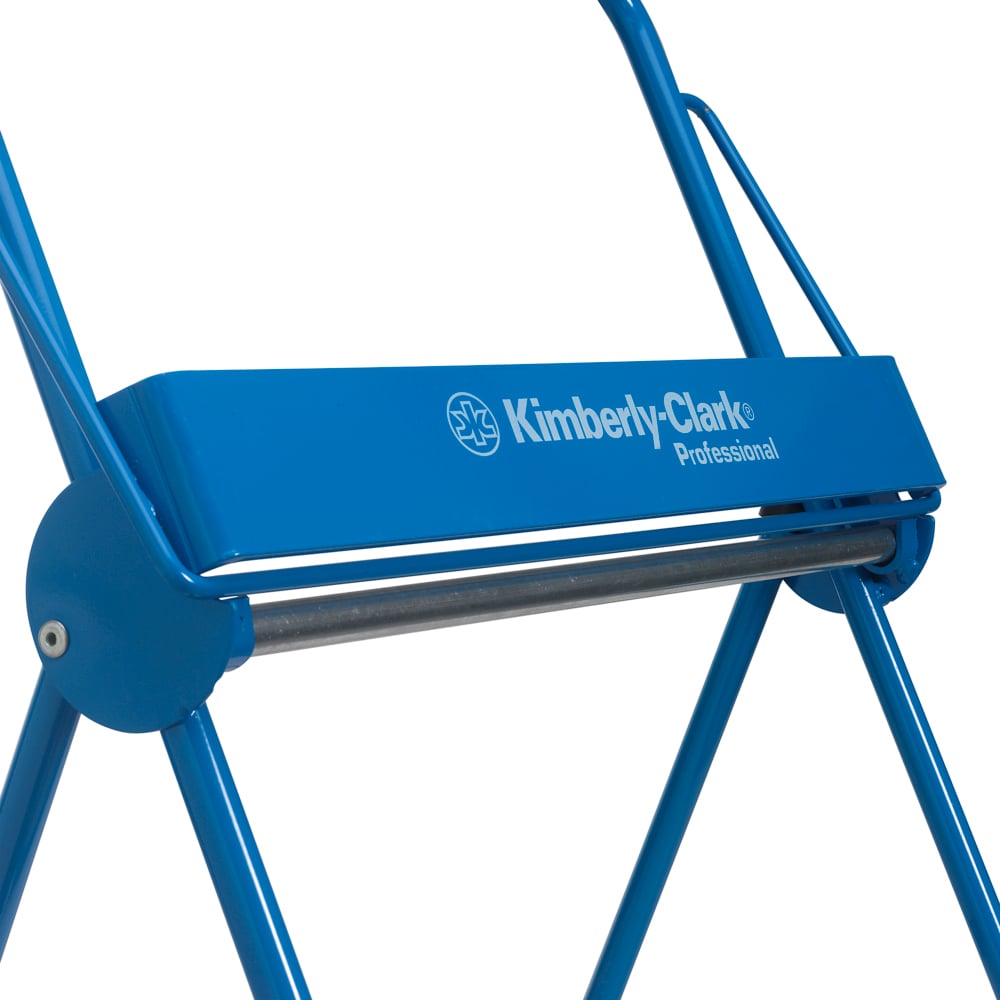 Nahaufnahme des Kimberly-Clark GmbH Professional™ Wandhalter für Wischtuchrollen - Großrolle, blauer Metall-Wandspender (1 Spender), entwickelt für die effiziente Ausgabe von Papierhandtüchern.