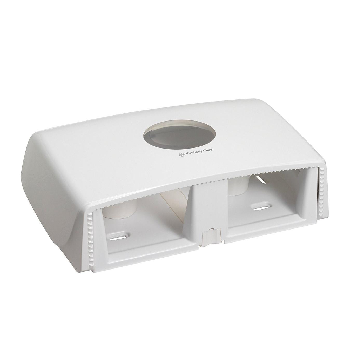 Aquarius™ toiletpapirdispenser fra Kimberly-Clark GmbH er en hvid dobbeltrolledispenser til Jumbo-Toiletpapir Mini, der kendetegnes ved sit rektangulære design og effektive papirudlevering - ideel til toiletter med høj trafik.
