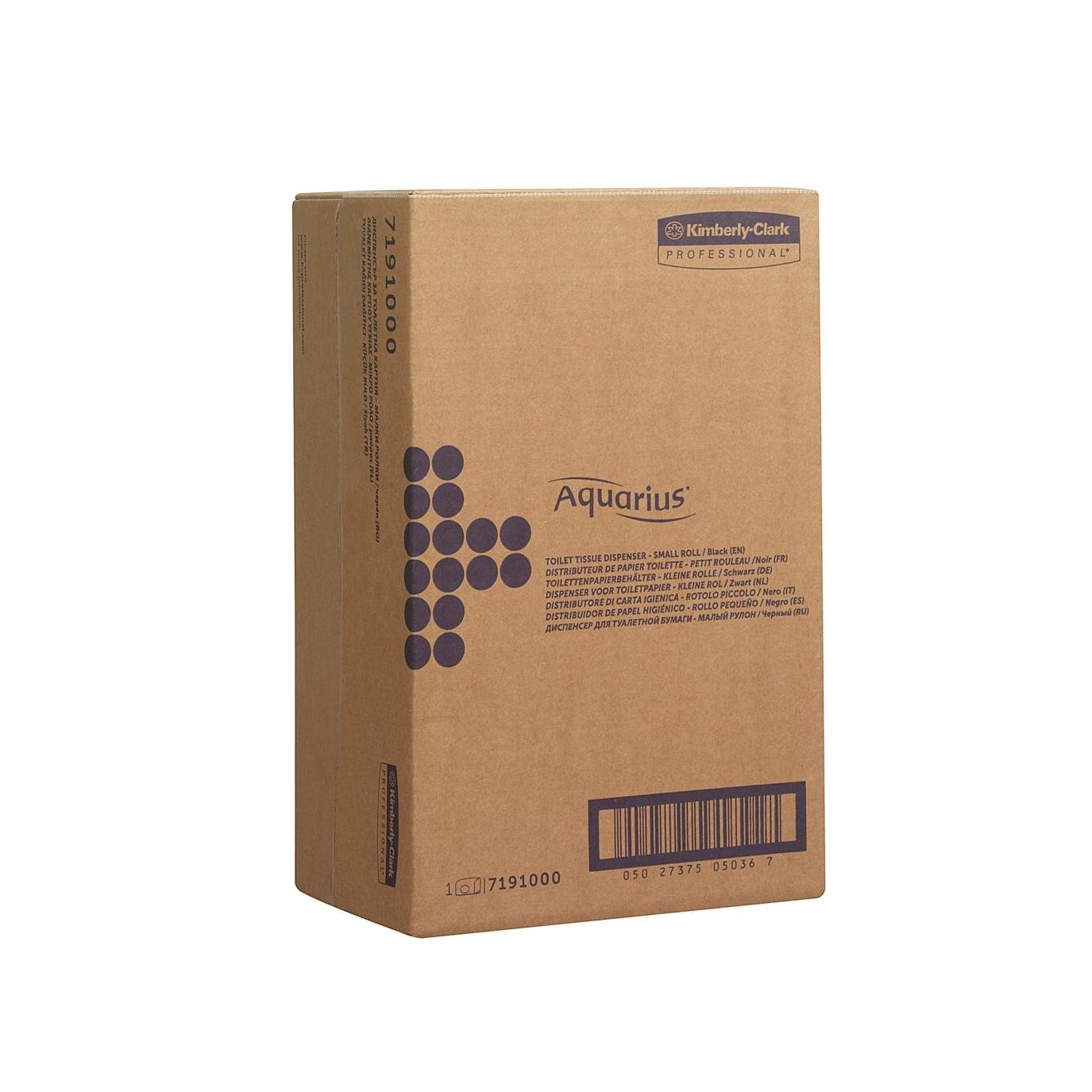 En brun papkasse med påskriften "Aquarius™ Toilet Tissue Dispenser - Små ruller" fra Kimberly-Clark GmbH (18 x 29,8 x 12,8 cm) står oprejst og er forsynet med sort tekst og grafik på hvid baggrund.