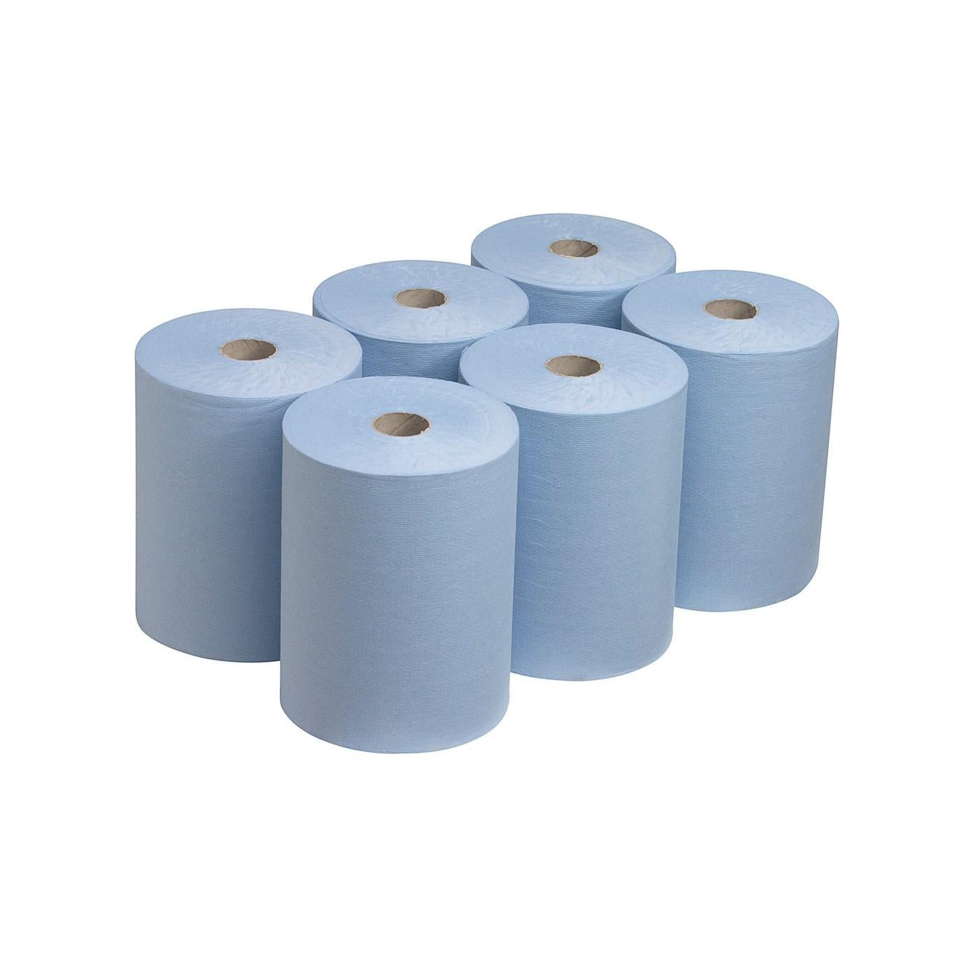 Seks Scott® Slimroll™ håndklæder fra Kimberly-Clark GmbH er arrangeret i to rækker på hvid baggrund. Hver rulle har en synlig papkerne og tilbyder en pladsbesparende løsning til industriel brug.