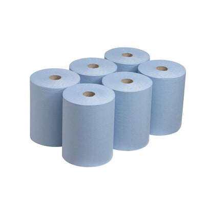 Seks Scott® Slimroll™ håndklæder fra Kimberly-Clark GmbH er arrangeret i to rækker på hvid baggrund. Hver rulle har en synlig papkerne og tilbyder en pladsbesparende løsning til industriel brug.