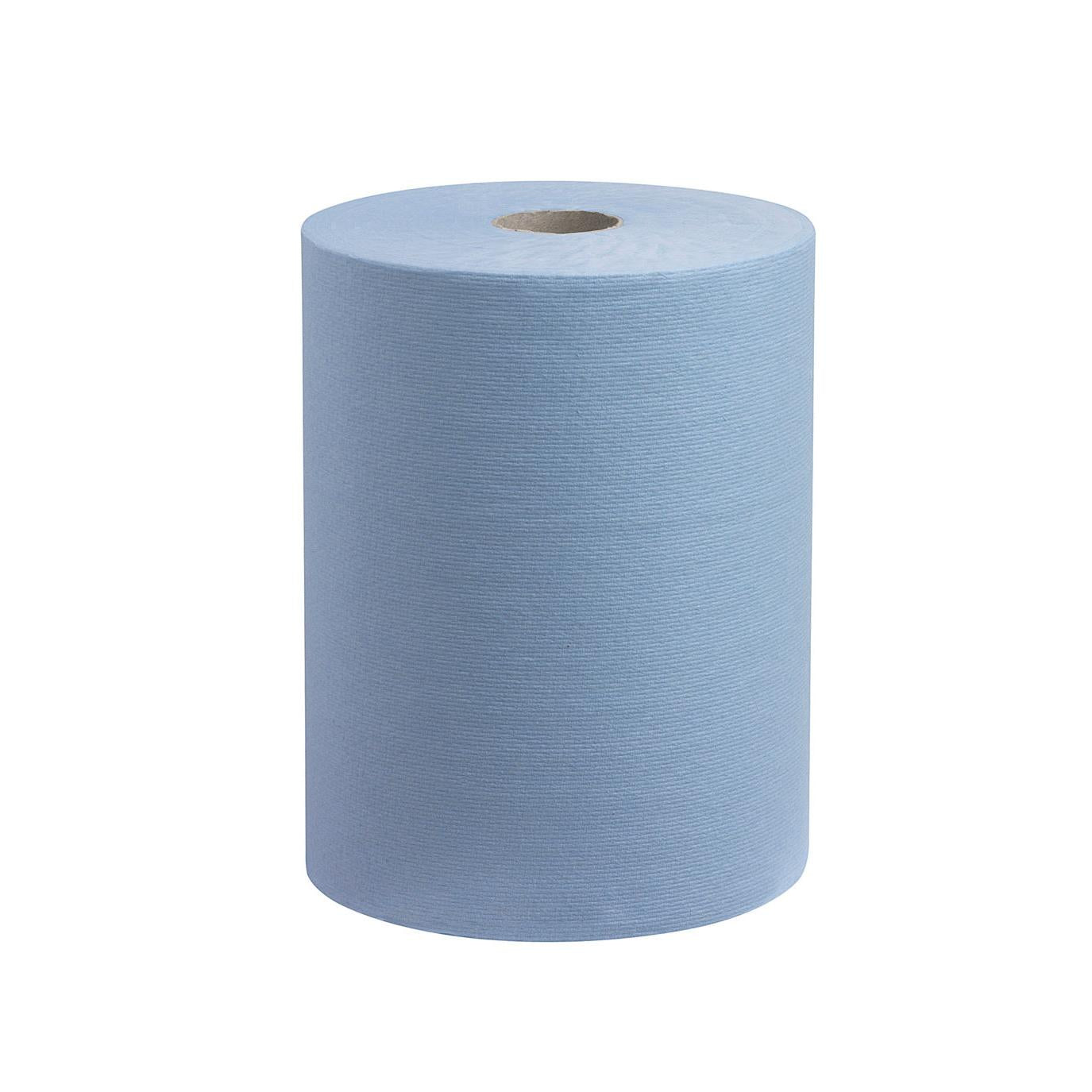 En stor rulle absorberende papirhåndklæder med synlig kerne fra Kimberly-Clark GmbH, stående på hvid baggrund - ideel som en pladsbesparende håndklædeløsning som Scott® Slimroll™ håndklæder.