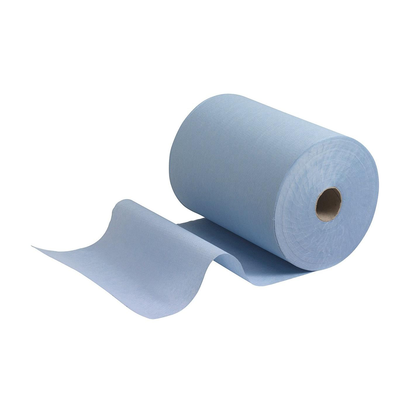 Die Scott® Slimroll™ Handtücher von Kimberly-Clark GmbH - eine blaue Industrie-Papierhandtuchrolle mit einem ausgerollten Blatt auf weißem Hintergrund - eignen sich ideal als platzsparende Handtuchlösung für die Ausgabe von saugfähigen Papierhandtüchern an stark frequentierten Arbeitsplätzen.