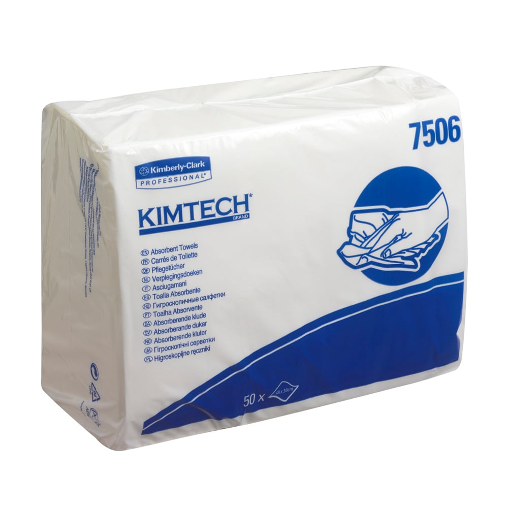 En forseglet hvid-blå emballage fra Kimberly-Clark GmbH med teksten "Kimtech® Absorberende plejeklude - Z-foldet" indeholder 16 poser med hver 50 ark, med flersproget vejledning og illustration til håndtørring til professionel brug.