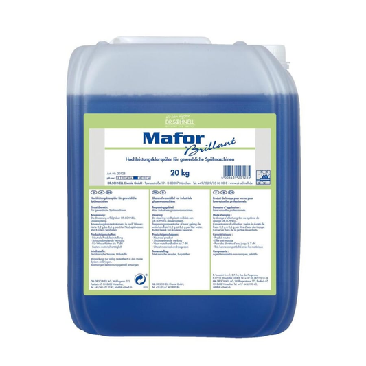Ein 20-kg-Behälter aus durchsichtigem Kunststoff, gefüllt mit blauer Flüssigkeit, beschriftet mit "Dr. Schnell MAFOR BRILLANT Klarspüler für Geschirrspülmaschinen" von DR.SCHNELL GmbH & Co. KGaA. Das Etikett enthält eine deutsche Anleitung - ideal zur Vermeidung von Wasserflecken.