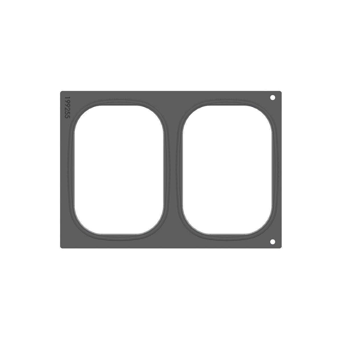 Ein rechteckiger grauer Rahmen der Duni GmbH, Kassette DF 10/DF20 für Brick Medium (2-nutzig), mit zwei runden Ausschnitten nebeneinander, "19255" vertikal auf dem linken Rand gedruckt und zwei kleinen kreisförmigen Löchern auf der rechten Seite.