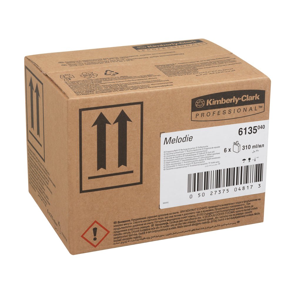 En brun æske med påskriften "Kimberly-Clark Professional™ Duft MELODIE - Genopfyldningspakke / Transparent / 310 ml - 6 kassetter" fra Kimberly-Clark GmbH, med produktinformation, stregkode, håndteringssymboler og mærket for langvarig friskhed.