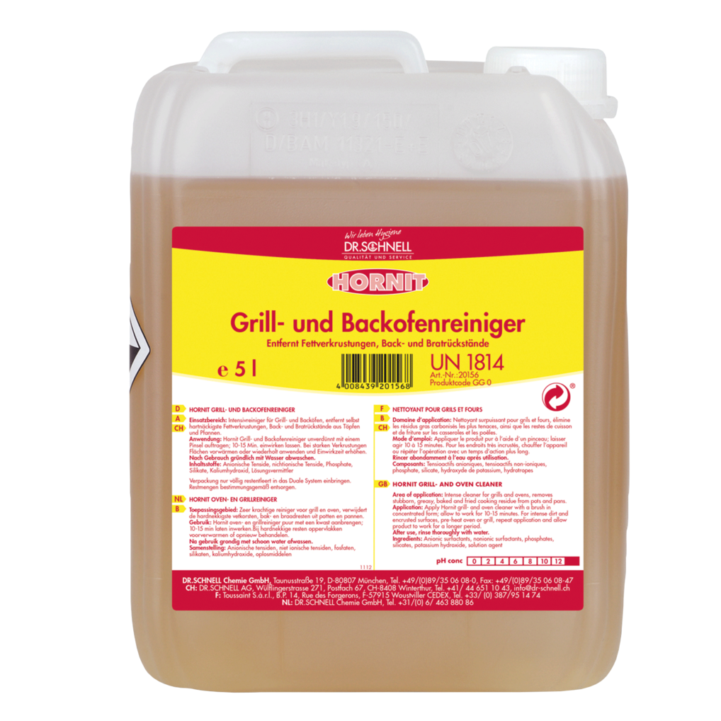 Der 5L Dr. Schnell HORNIT Grill- und Backofenreiniger von DR.SCHNELL GmbH & Co. KGaA kommt in einem durchsichtigen Kanister mit weißem Deckel und gelb-rotem Etikett daher - ideal für die kraftvolle Küchenhygiene.