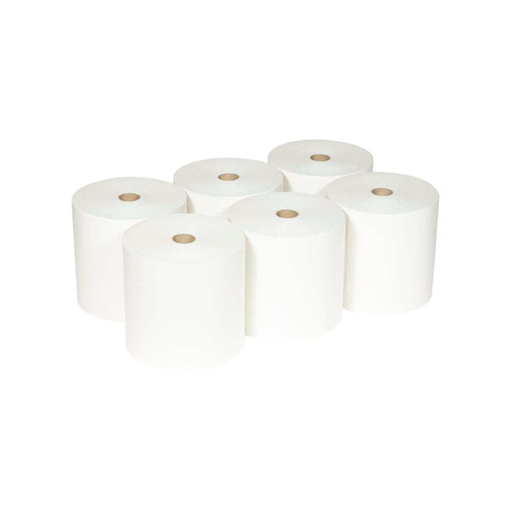 Six Scott® ESSENTIAL™ Håndklæderuller fra Kimberly-Clark GmbH (hvid, 6 ruller/karton) er arrangeret i to rækker med tre hver på hvid baggrund; hver rulle viser en synlig papkerne.