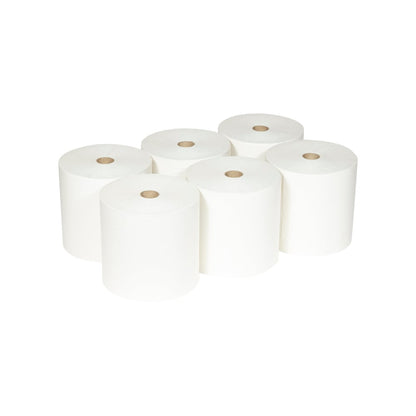 Six Scott® ESSENTIAL™ Håndklæderuller fra Kimberly-Clark GmbH (hvid, 6 ruller/karton) er arrangeret i to rækker med tre hver på hvid baggrund; hver rulle viser en synlig papkerne.