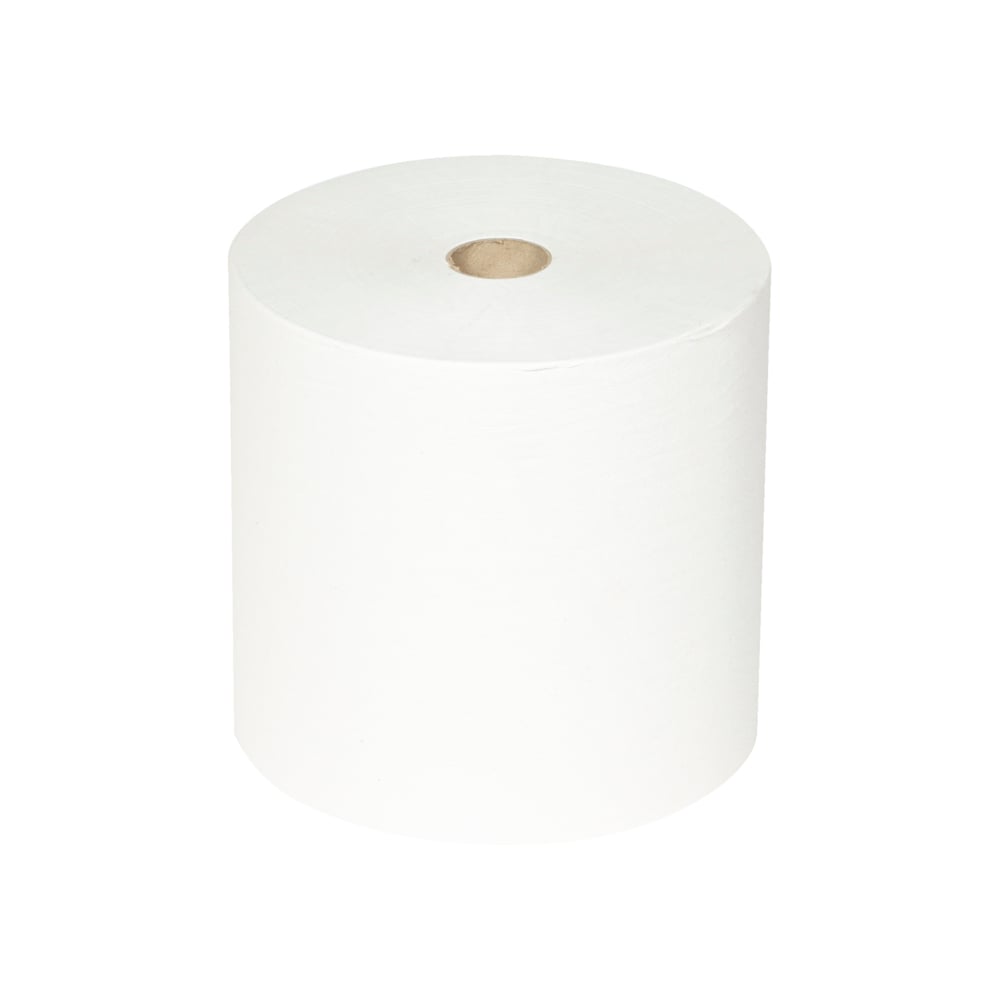 En enkelt stor Scott® ESSENTIAL™ Håndklæderulle fra Kimberly-Clark GmbH, synlig papkerne, stående oprejst på en ensfarvet hvid baggrund; fra pakken 6 ruller x 1 ark | Karton (6 ruller).