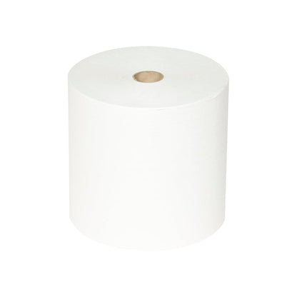 En enkelt stor Scott® ESSENTIAL™ Håndklæderulle fra Kimberly-Clark GmbH, synlig papkerne, stående oprejst på en ensfarvet hvid baggrund; fra pakken 6 ruller x 1 ark | Karton (6 ruller).