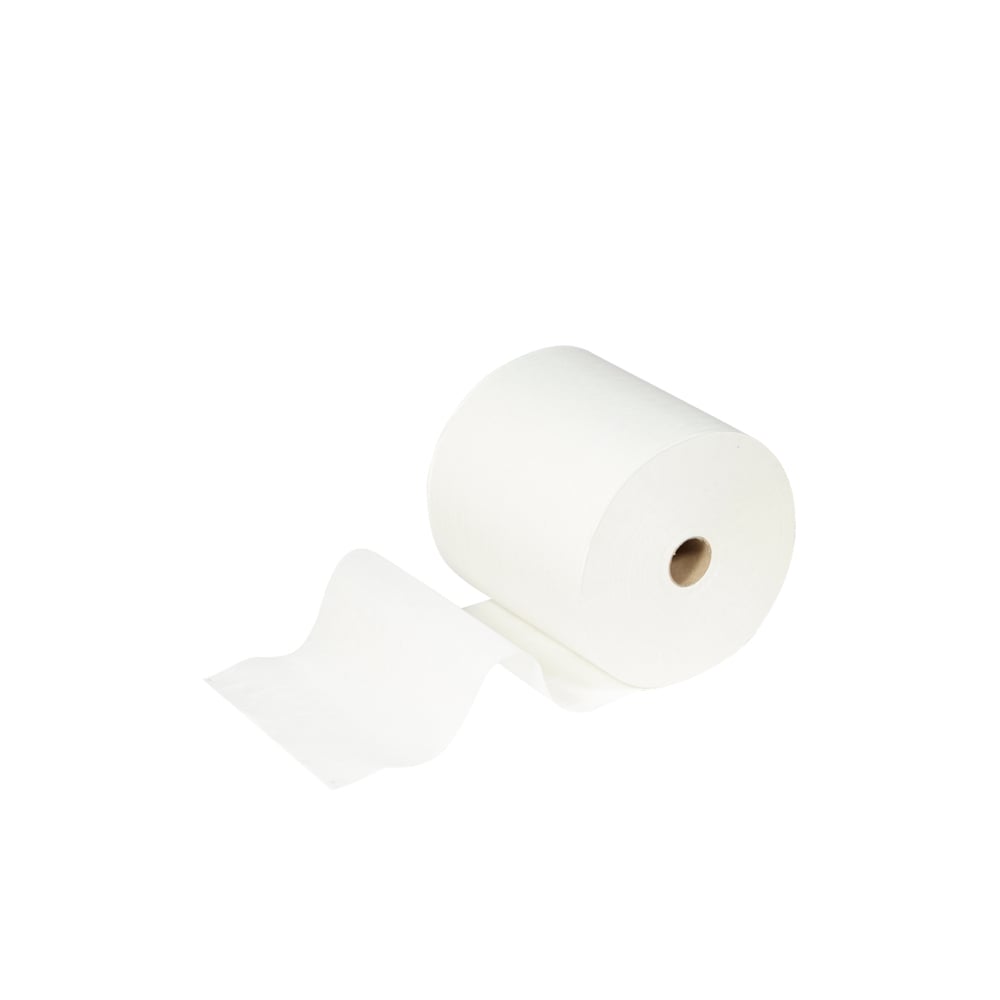 En rulle Scott® ESSENTIAL™ Håndklæder fra Kimberly-Clark GmbH, del af et hvidt 6-rullesæt, vises foran en ensfarvet baggrund, hvor et ark er delvist rullet ud og strækker sig udad.