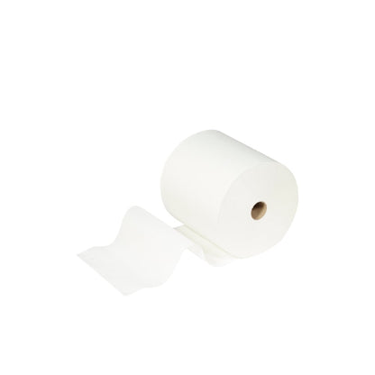 En rulle Scott® ESSENTIAL™ Håndklæder fra Kimberly-Clark GmbH, del af et hvidt 6-rullesæt, vises foran en ensfarvet baggrund, hvor et ark er delvist rullet ud og strækker sig udad.