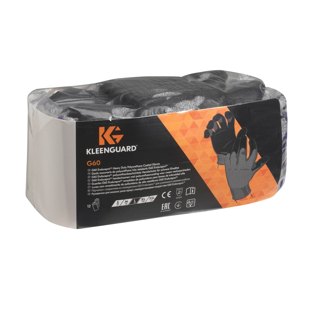 Abgebildet ist eine Packung Kimberly-Clark GmbH KleenGuard® G60 Endurapro™ schnittfeste Handschuhe Level 5 (grau & schwarz, handspezifisch) mit einem schwarz-orangefarbenen Etikett, auf dem Schnittschutz Level 5 und Produktdetails abgebildet sind.