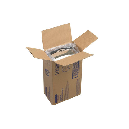 En kasse med åben top indeholder en Kimberly-Clark Professional™ Elektronisk hudplejedispenser, berøringsfri udlevering, 1,2 Ltr forkromet kassette (Kimberly-Clark GmbH), der delvist er pakket ind i bobleplast; stregkoder og tekst er trykt på kassens sider.
